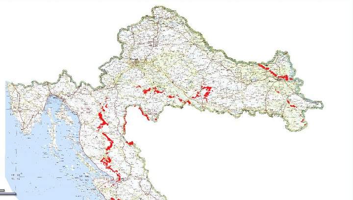A map of landmine contaminated areas of Croatia.