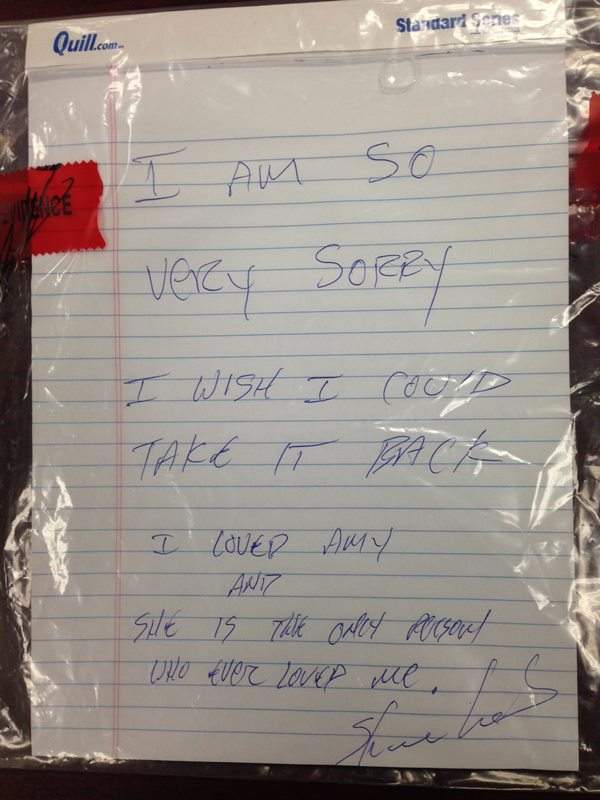 This photo provided by Gautier, Miss., police at a news conference on Tuesday, Sept. 15, 2015, shows a hand-written note investigators found at the house where Amy Prentiss’s body was found on Monday. 