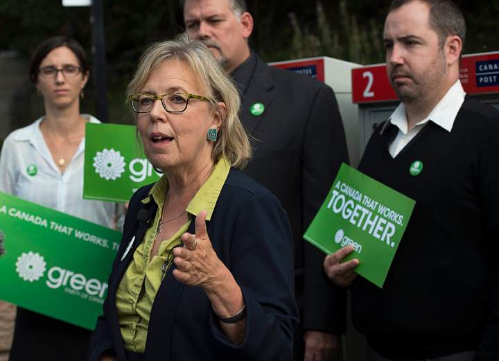 Green Party Leader Elizabeth May stands with local candidates as she makes a campaign stop in Halifax to show support for postal workers and Canada Post, on Tuesday, September 1, 2015.