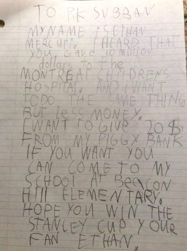 Ethan Mercuri's letter to P.K. Subban.