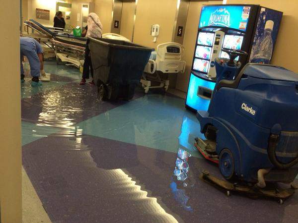 Water pools in hallways at the VG site of the QEII Health Centre.