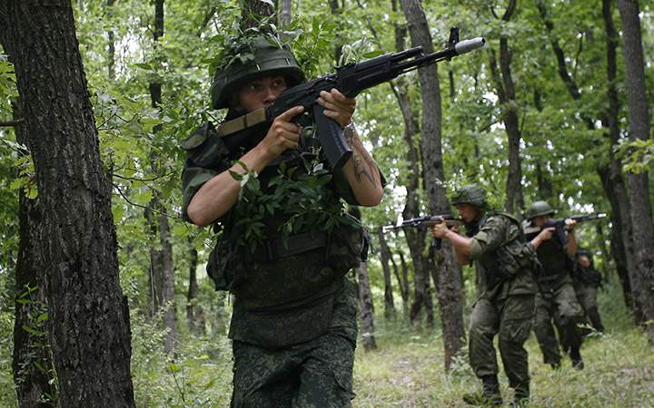 Russian Special Forces soldiers from the army's Intelligence unit take part in a military drill at a training ground near the village of Molkino, Krasnodar region, on July 10, 2015. 