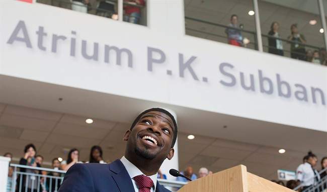 Montreal Canadiens defenceman P.K. Subban smiles during a press conference at the Children's Hospital in Montreal, Wednesday, September 16, 2015, where he announced that his foundation would pledge $10-million to the hospital. Montreal Canadiens defenceman P.K. Subban smiles during a press conference at the Children's Hospital in Montreal, Wednesday, September 16, 2015, where he announced that his foundation would pledge $10-million to the hospital.