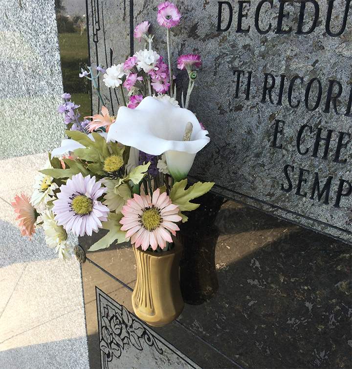One of the bronze vases at the Innisvale Cemetery And Crematorium that remains on a grave after more than 30 were stolen.
