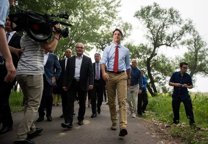 Liberal leader Justin Trudeau walks in a park Wednesday, September 2, 2015 in Trois-Rivieres, Que. THE CANADIAN PRESS/Paul Chiasson