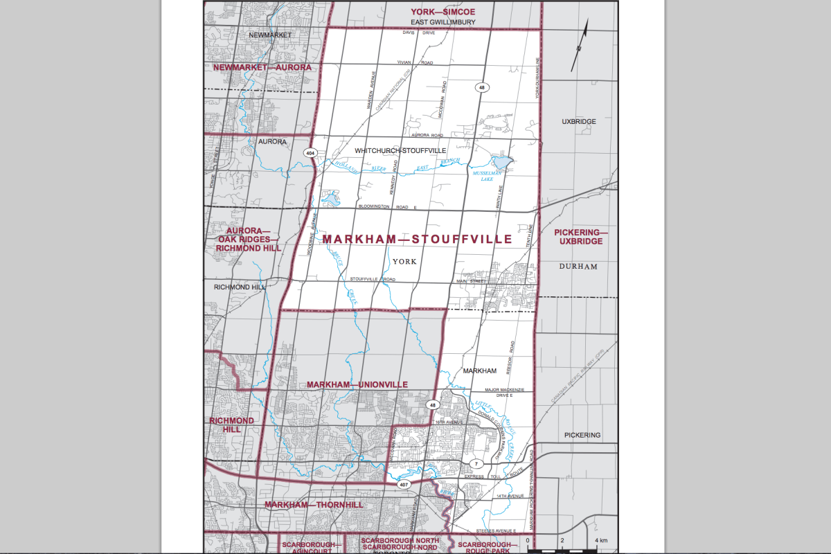 Riding boundaries for the electoral district of Markham-Stouffville