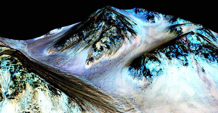 These dark, narrow, 100 metre-long streaks called recurring slope lineae flowing downhill on Mars are inferred to have been formed by contemporary flowing water.