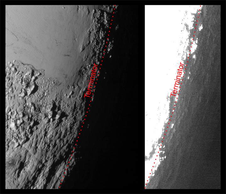 These image of Pluto from New Horizons has been processed in two ways. It illustrates how surface features on Pluto’s night side are illuminated by the dwarf planet’s haze.