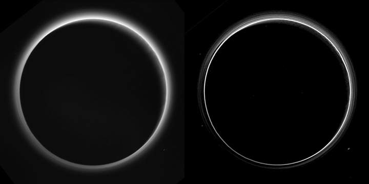 Two different versions of an image illustrating Pluto’s haze. The image was taken about 16 hours after New Horizon’s close approach. The left version has had only minor processing, while the right version has been specially processed to reveal a large number of discrete haze layers in the atmosphere.