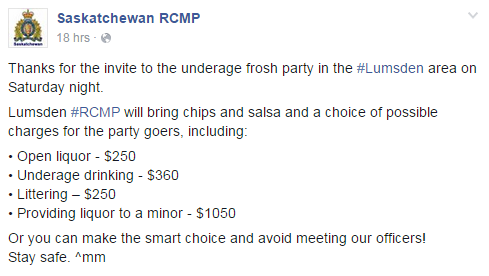 Saskatchewan RCMP head to ‘frosh’ party, bring chips, salsa - image