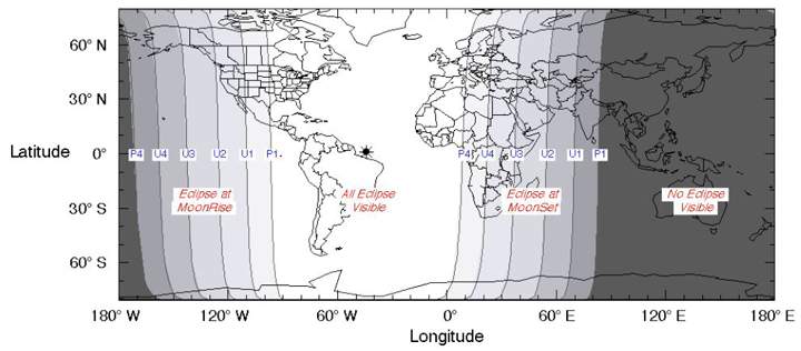 A map showing where the eclipse is visible. The “P” indicates when the penumbra, or outer shadow will be visible, the “U” denotes umbra.