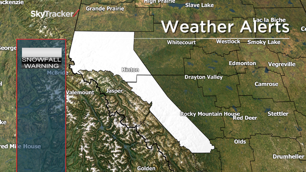 Snowfall warning map for Western Alberta, Thursday September 3, 2015.