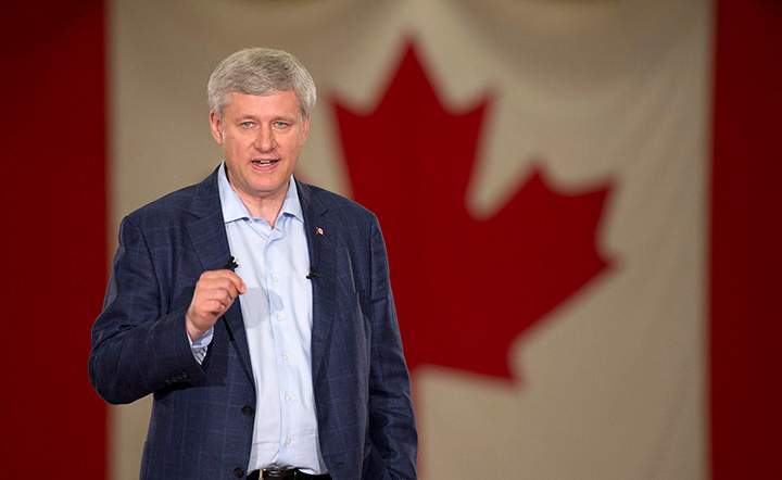 Conservative Leader Stephen Harper delivers a speech during a campaign stop in Toronto, Monday, September 7, 2015.