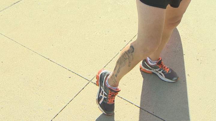 Eddy Nolan proudly shows off his Terry Fox tattoo, at the annual Terry Fox run at the Old Port in Montreal. Sunday, Sept. 20, 2015.