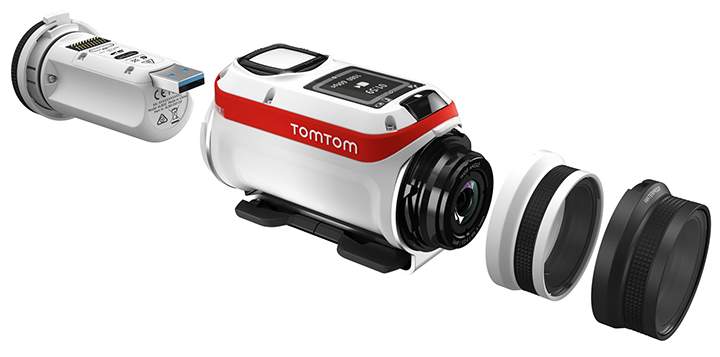 The TomTom Bandit fits into its tubuler shell and takes water resistant and waterproof lens covers