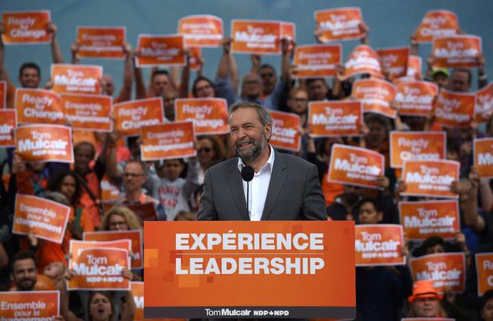 NDP leader Tom Mulcair holds a rally in downtown Vancouver, B.C. on Sunday, September 13, 2015.