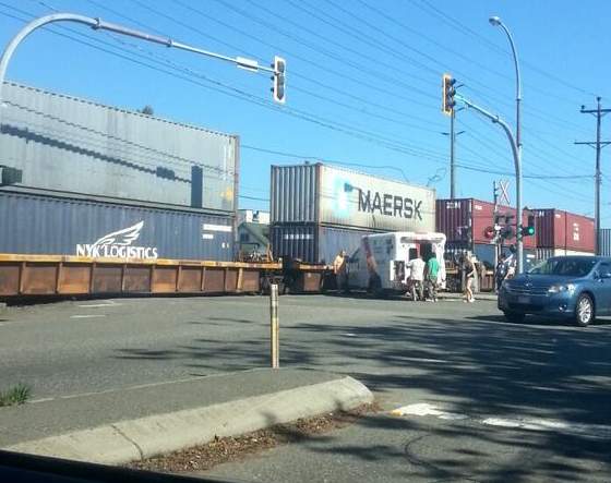 A collision between a train and an ambulance in Langley.