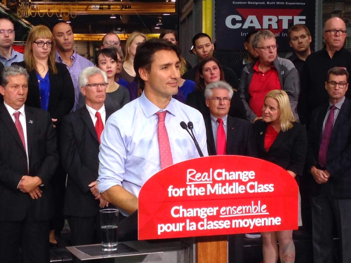 Inside a manufacturing plant on Logan Avenue, Federal Liberal Leader Justin Trudeau made a campaign stop in Winnipeg Tuesday promising more help for small businesses.