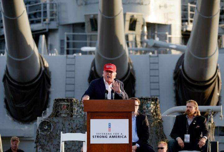 Republican presidential candidate Donald Trump speaks during a campaign event aboard the USS Iowa battleship in Los Angeles Tuesday, Sept. 15, 2015. 