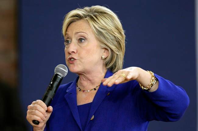 In this Sept. 22, 2015, photo, Democratic presidential candidate Hillary Rodham Clinton speaks during a community forum on healthcare at Moulton Elementary School in Des Moines, Iowa.