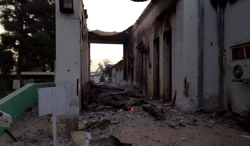 The burnt Doctors Without Borders hospital is seen after an explosion in the northern Afghan city of Kunduz, Saturday, Oct. 3, 2015.