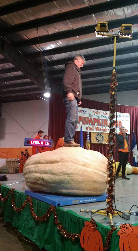 Raymond Beaudin stands on his 1,470-lb winning gourd at the 27th Smoky Lake Great White North Pumpkin Fair on Saturday. Photo credit: Facebook.