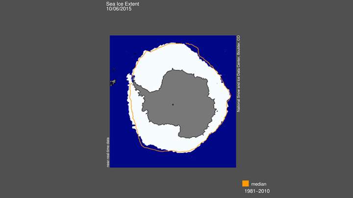 This image shows the 2015 Antarctic sea ice extent compared to the median period of 1981-2010.