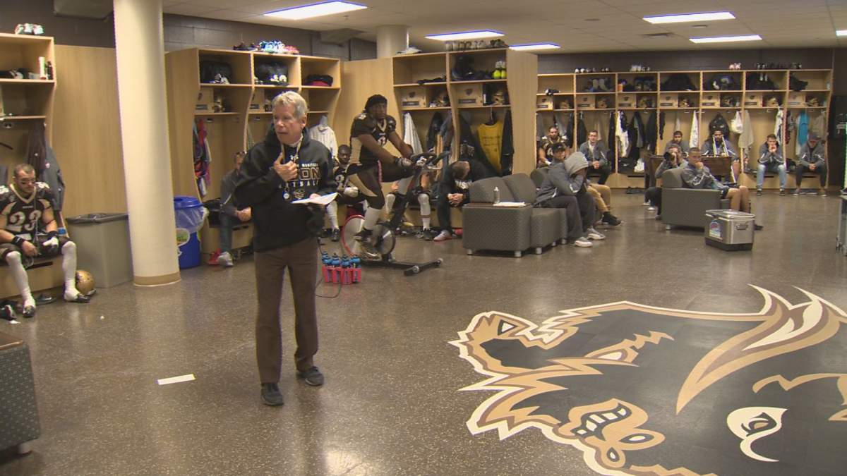Bisons head coach Brian Dobie makes his pre-game speech.