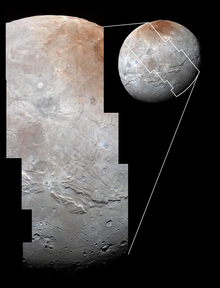 Charon’s cratered uplands at the top are broken by series of canyons, and replaced on the bottom by the rolling plains of the informally named Vulcan Planum. The scene covers Charon’s width of 1,214 kilometers and resolves details as small as 0.8 kilometers.