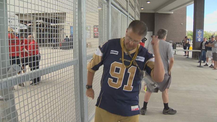 Dancing Gabe doing his thing for the camera at a Winnipeg Blue Bombers game.