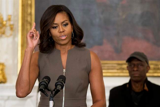 First lady Michelle Obama, speaks to welcome middle school students from the Washington area for an interactive student workshop, Wednesday, Oct. 14, 2015, in the State Dining Room of the White House in Washington.