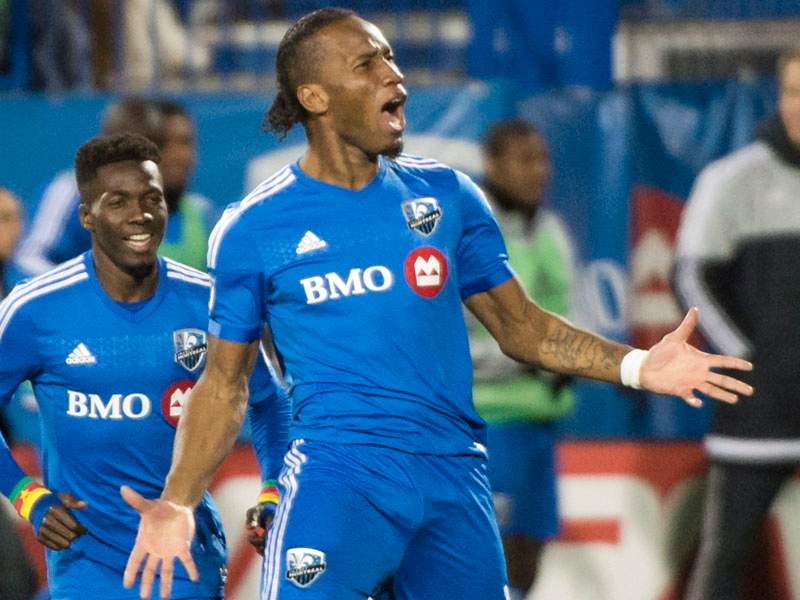 Montreal Impact's Didier Drogba celebrates after scoring against Toronto FC.