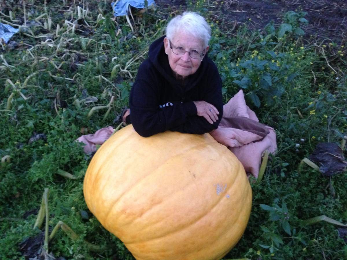 Henia Martyniuk poses with a pumpkin from her patch that she estimates to weigh about 200-lb.