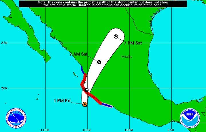 The probable path of Hurricane Patricia, predicted Friday afternoon by the National Hurricane Centre.