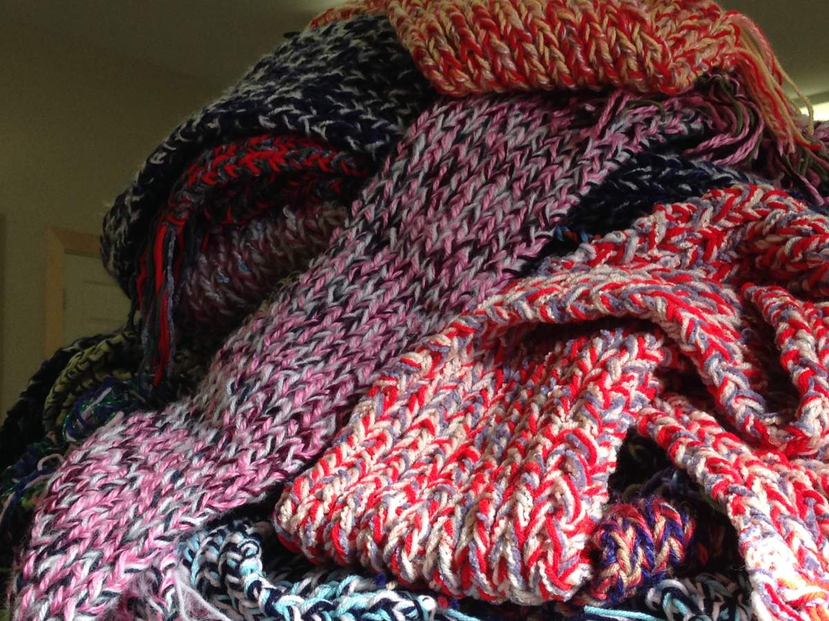 A look at some of the scarves volunteers have already completed.