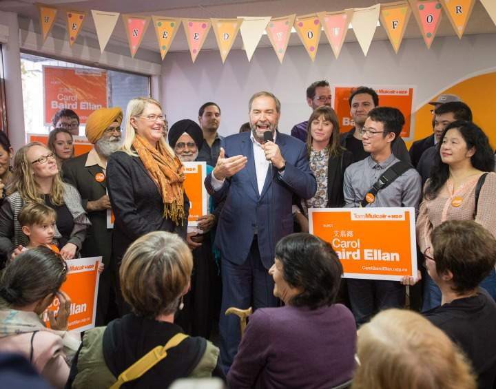 NDP leader Tom Mulcair speaks to supporters at a campaign rally Saturday, October 17, 2015 in Burnaby, B.C. Canadians will vote in the federal election on Oct, 19. 