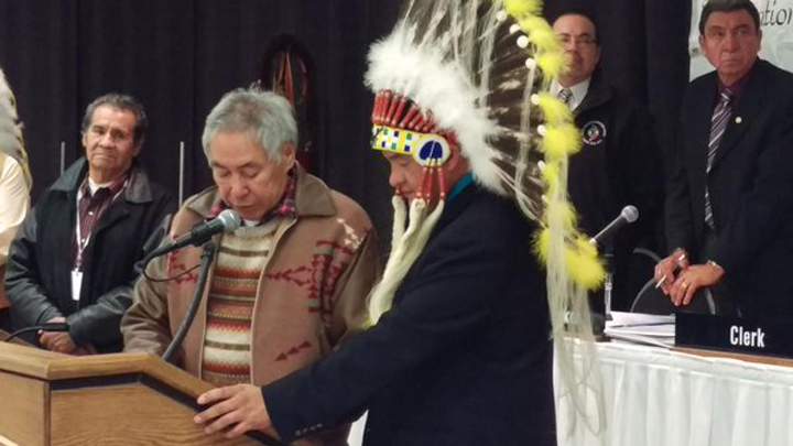 Chief Bobby Cameron was sworn in today at the F-S-I-N assembly in Saskatoon after a landslide win.