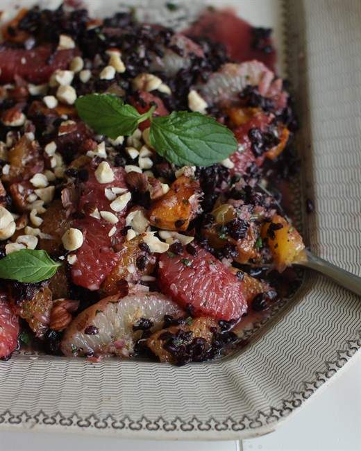 This Sept. 21, 2015 photo shows black rice autumn salad in Concord, NH. Rice salads are the perfect side dish that can be turned into a main meal just by adding some rotisserie chicken, tofu or fish.