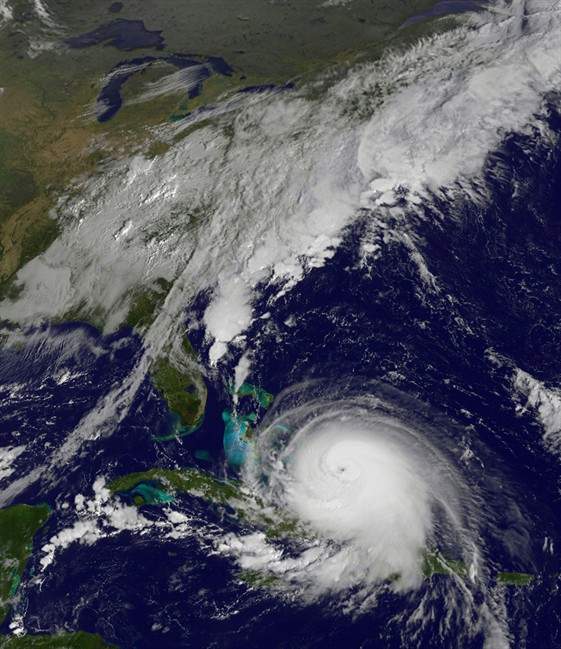 This satellite image taken Thursday, Oct. 1, 2015 at 9:37 a.m. EDT, and released by the National Oceanic and Atmospheric Administration (NOAA), shows Hurricane Joaquin.