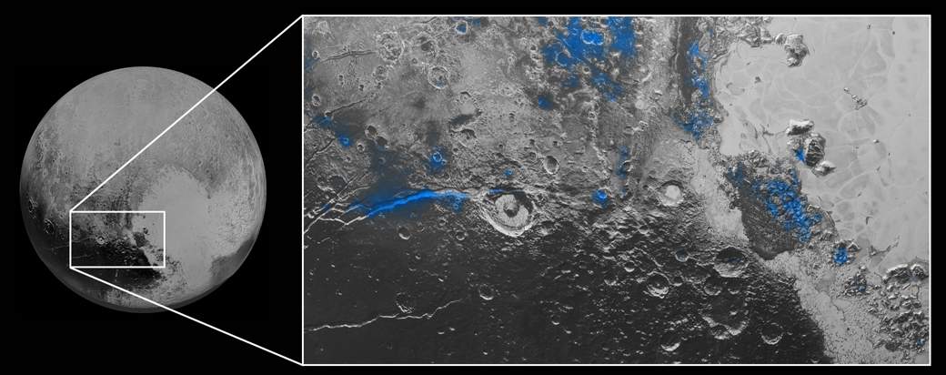 Regions with exposed water ice are highlighted in blue in this composite image from New Horizons’ Ralph instrument, combining visible imagery with infrared spectroscopy.