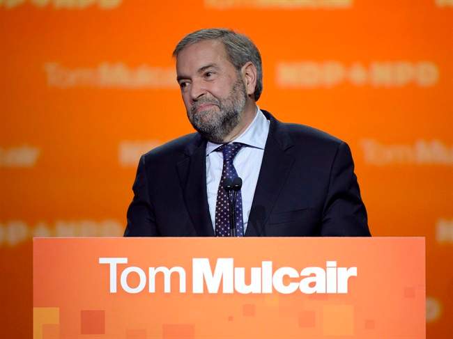 NDP Leader Tom Mulcair speaks to supporters, Monday, Oct. 19, 2015 in Montreal. 