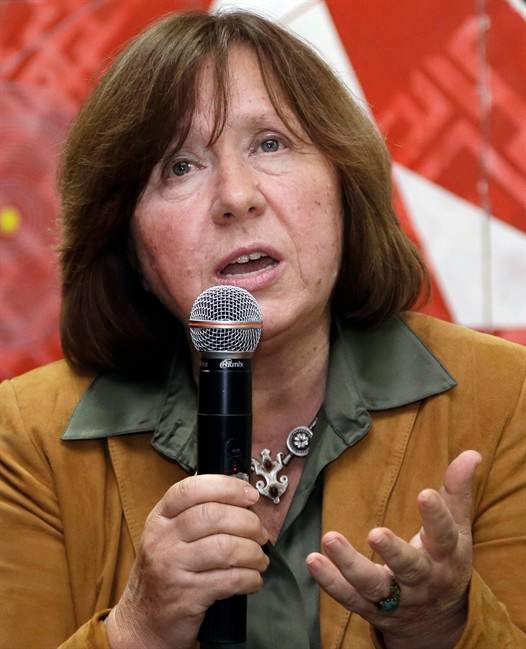 In this photo taken on Tuesday, Sept. 16, 2014, Belarusian journalist Svetlana Alexievich speaks in Minsk, Belarus. Belarusian writer Svetlana Alexievich won the Nobel Prize in literature Thursday, Oct. 8, 2015, for works that the prize judges called "a monument to suffering and courage.".