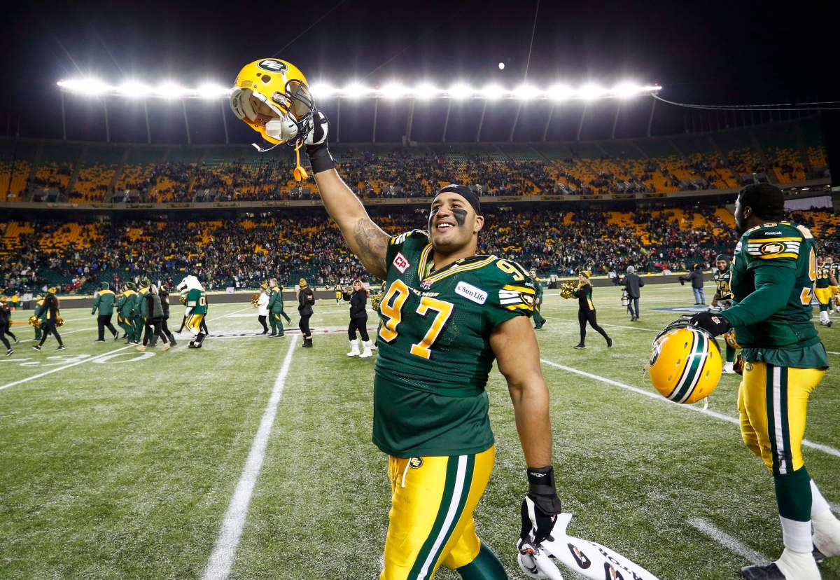 Edmonton’s Eddie Steele celebrates following the CFL West Division final against the Calgary Stampeders in Edmonton, Sunday, Nov. 22, 2015.
