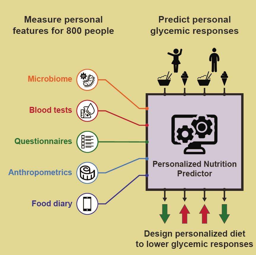 This graphic depicts the inputs used to develop a personalized nutrition predictor algorithm by researchers from Weizmann Institute of Science.