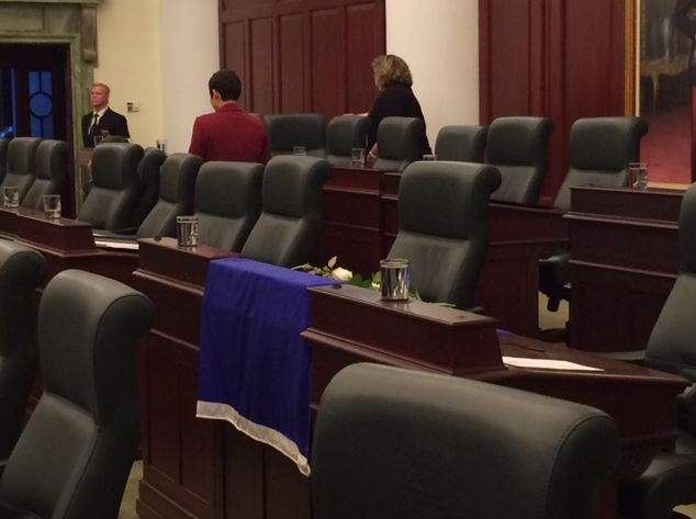 Bhullar’s seat in the Alberta Legislature had a small memorial on it Tuesday, Nov. 24, 2015.