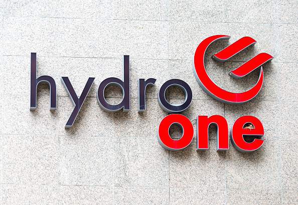 Hydro One sign in the building headquarters wall. (Photo by Roberto Machado Noa/LightRocket via Getty Images).
