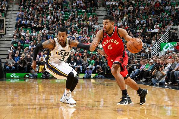 Cory Joseph #6 of the Toronto Raptors drives to the basket during the game against the Utah Jazz on November 18, 2015 at EnergySolutions Arena in Salt Lake City, Utah. (Photo by Melissa Majchrzak/NBAE via Getty Images).