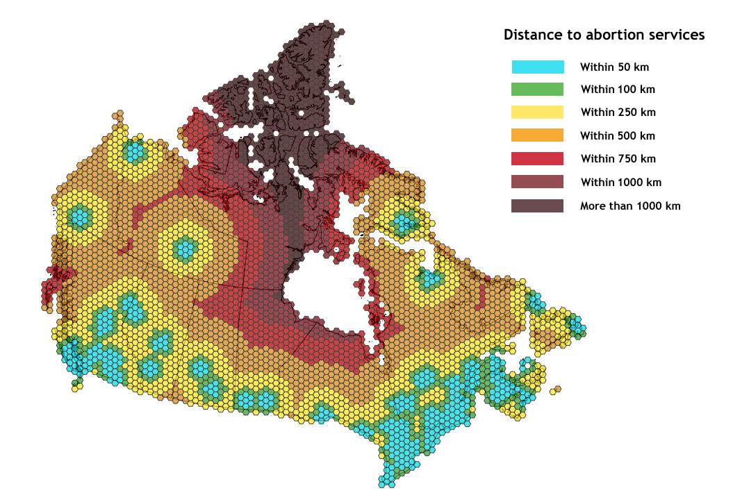 This heat map shows the distance you’d have to travel from various places in Canada to access an abortion provider.