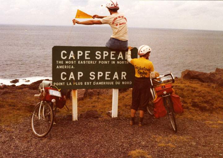 This photo shows Rob and Nancy completing their journey back in 1978 at Cape Spear, Newfoundland.