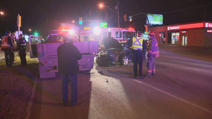 At least one person has been taken to hospital after a crash Friday morning at Faithfull Avenue and Circle Drive.